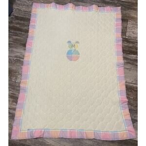 Vintage Quilted Nylon Baby Blanket Yellow w/Pastel Plaid Bear Trim 70's USA